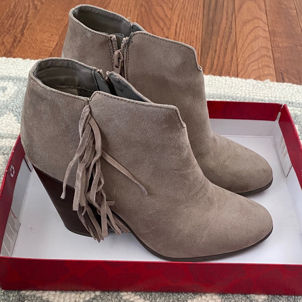 Carlos by Carlos Santana Fringe Suede Ankle Booties - Beige